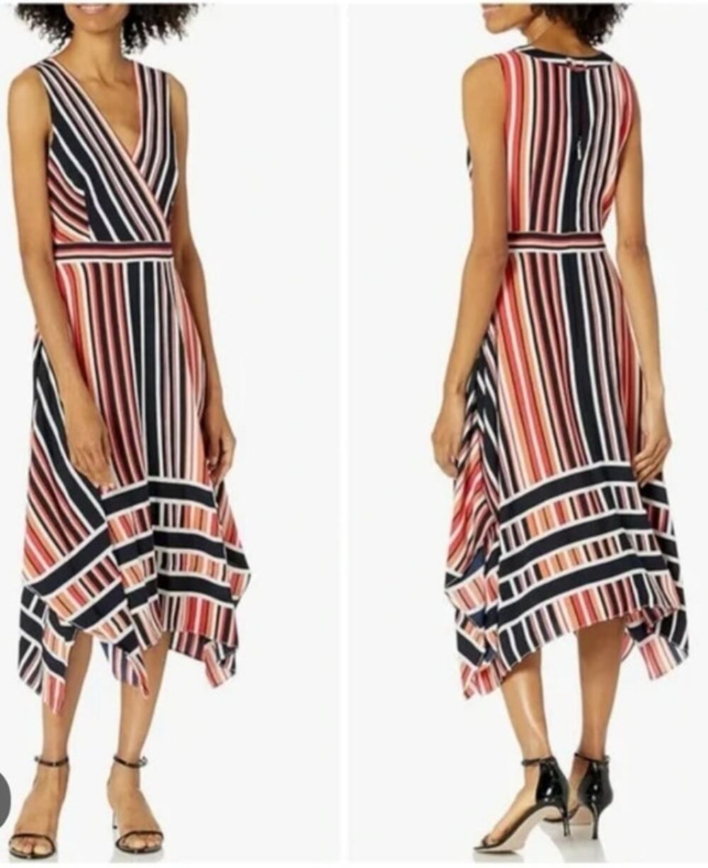 Karl Lagerfeld Paris Women 10 Striped Handkercheif Hem Lined Dress NEW!